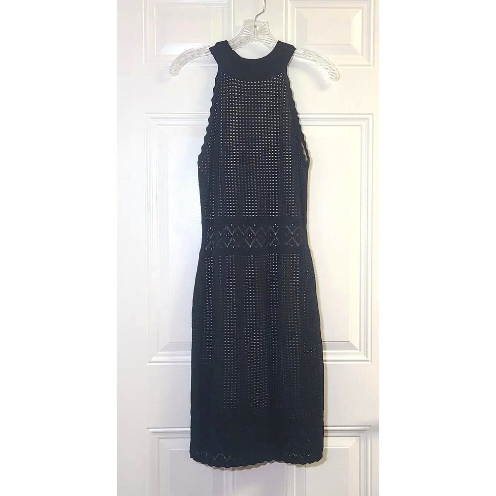John & Jenn Dress Midi Large Bodycon Stretch Open Weave Black Overlay Lined EUC